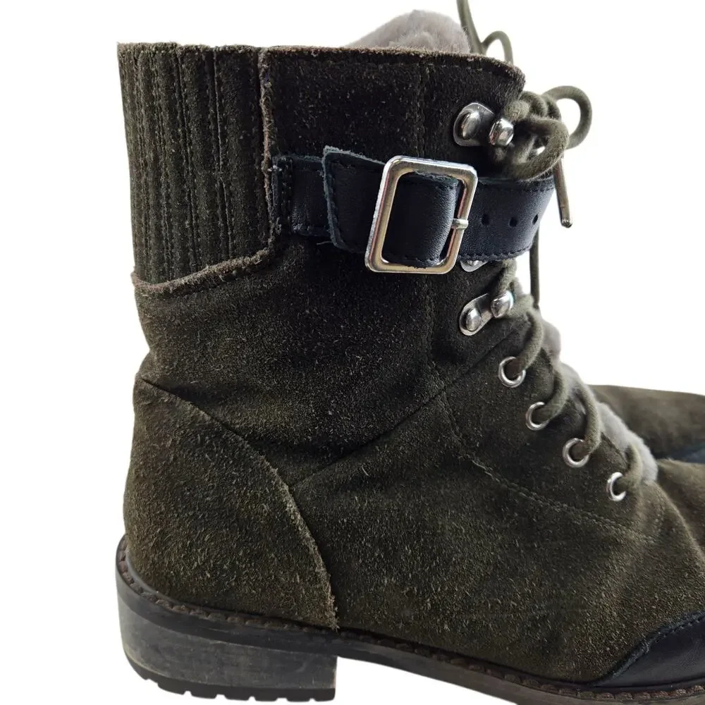 EMU Australia Boots Women 8 Waldron Green Suede Waterproof Moto Combat Shearling